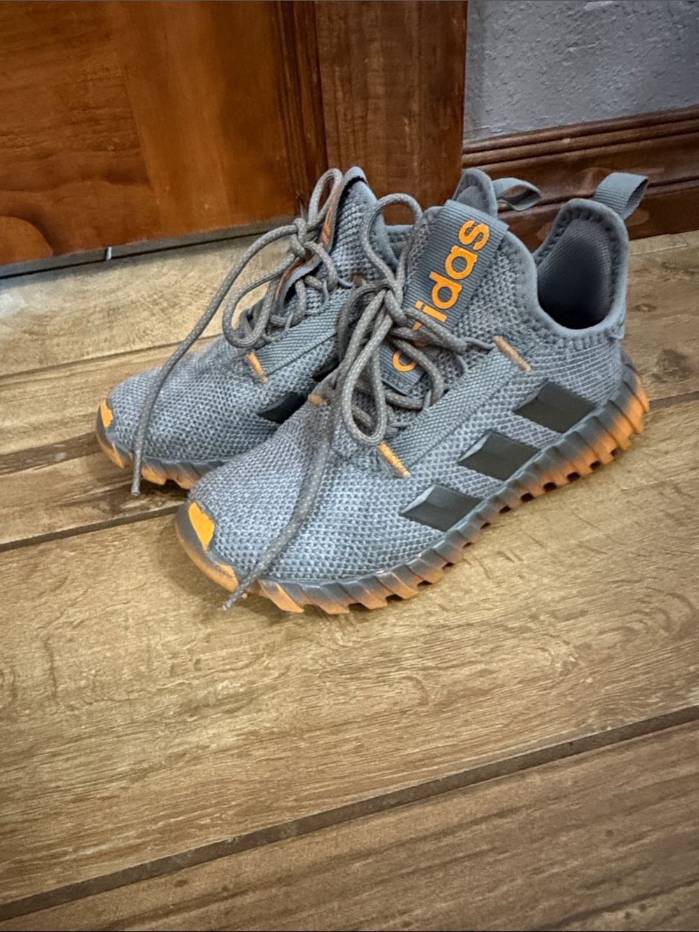 adidas Kids Gray Knit Sneakers with Orange Accents